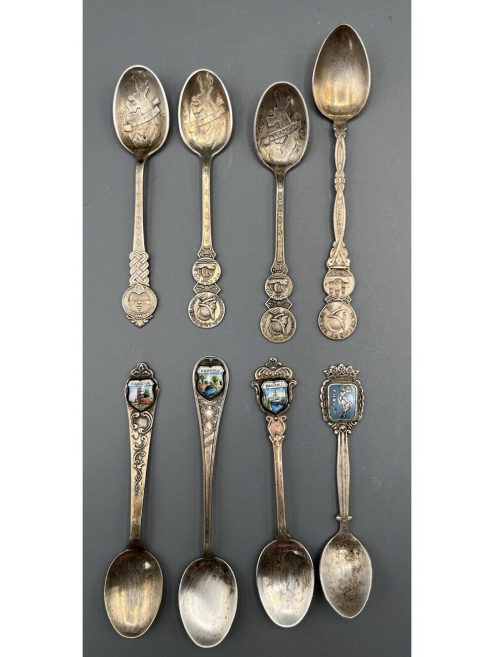 Vintage Panama Canal Souvenir Spoons Lot of 8 Enamel Scenic Silver Tone